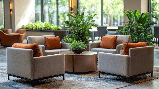 Modern lobby with comfortable seating, plants, and natural light.