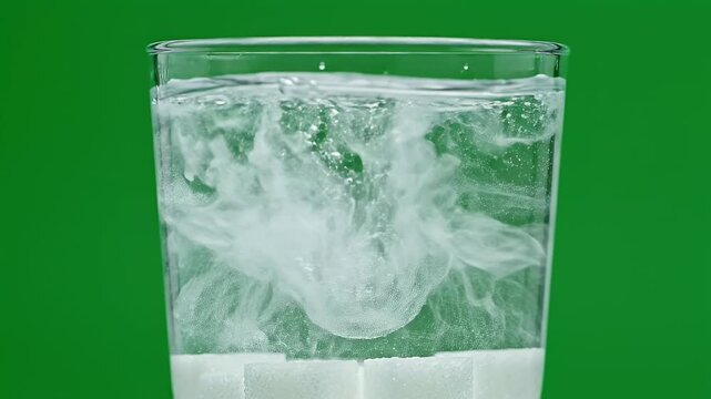 A glass of water is shown with sugar cubes dissolving, creating rising bubbles and a misty effect