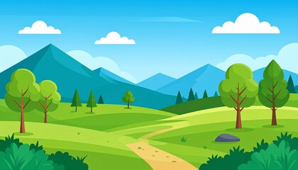 Obraz premium Serene Cartoon Landscape with Rolling Hills and Mountains under Bright Blue Sky