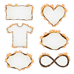 Fototapeta premium Burning Paper Frames Set, Fire Edged Labels png, Charred Paper Borders, Flaming Heart and T-Shirt Shapes isolated on Transparent Background