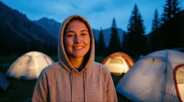 Campsite Gathering, Smiling Woman, Scenic Mountains, Photography, Evening, Close-Up, Outdoor Adventure