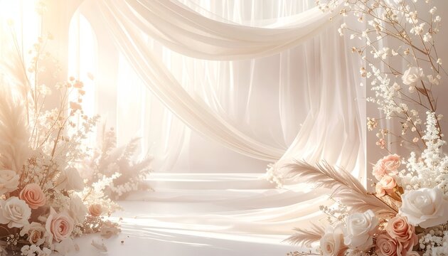 Elegant, dreamy wedding backdrop with white curtains, flowers, and soft sunlight