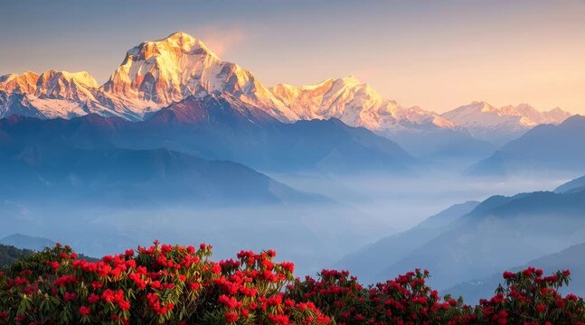 Breathtaking Sunrise, Majestic Mountains, Vibrant Rhododendrons, Nature Photography, Tranquil Landscape, Aerial View, Scenic Beauty