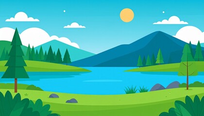 Obraz premium Serene Lake Landscape with Mountains and Trees under Bright Sky