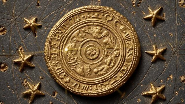 Ancient illustration with golden star map background concept. Ancient golden artifact with astrological signs and star decorations on dark textured background