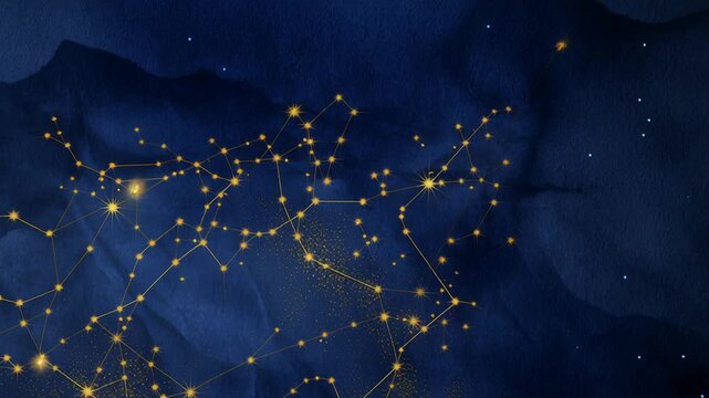 Ancient illustration with golden star map background concept. Abstract cosmic star map with glowing golden constellations on deep blue textured background