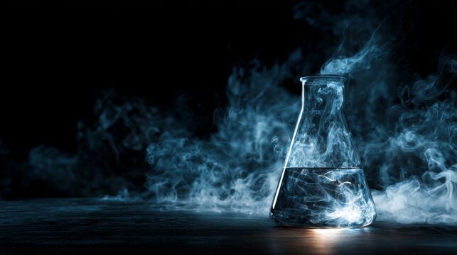 Mystical laboratory beaker surrounded by swirling smoke on dark background, dramatic scientific experiment concept, glowing chemistry glassware with atmospheric vapor, modern science research and labo