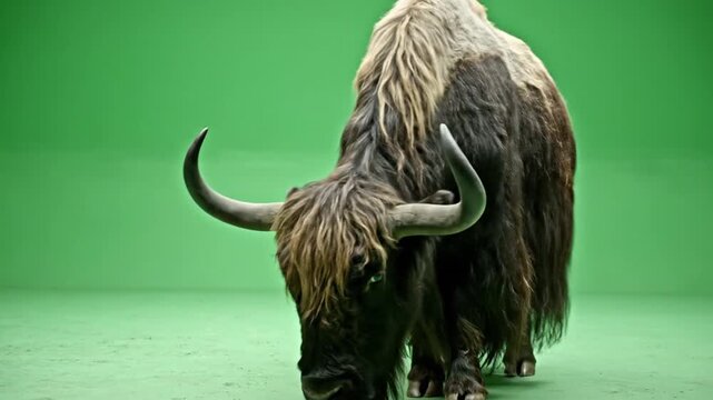 A shaggy yak with long horns stands on a vibrant green studio background.