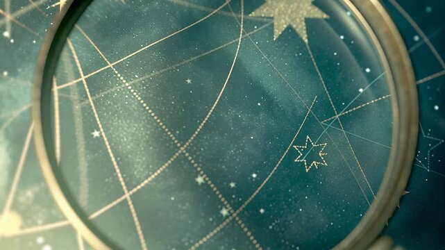 Ancient illustration with golden star map background concept. Close up of magnifying glass over star map with constellations and celestial lines in soft light