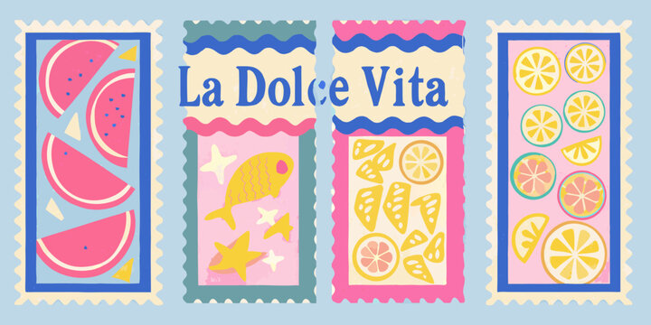 Colorful postage stamps depict fruit fish and the phrase la dolce vita