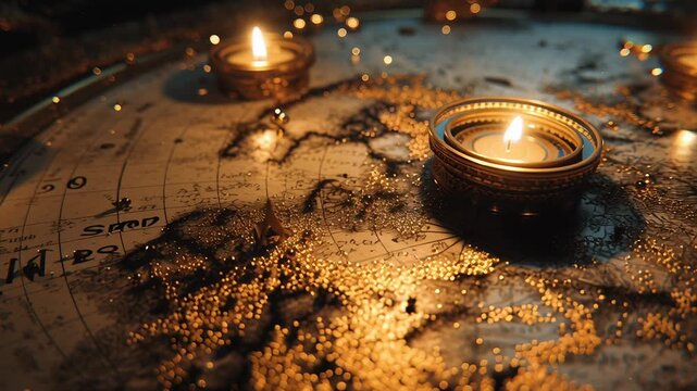 Ancient illustration with golden star map background concept. Vintage world map with glowing candles and golden pins creating warm ambient light and travel inspiration