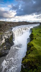 Obraz premium A large waterfall cascading over a rugged cliff into a river