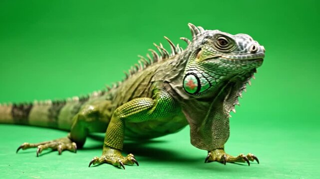 A vibrant green iguana with textured skin and a prominent dewlap stands against a solid green background, showcasing its reptilian features.