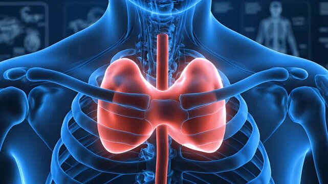 Highlighted Red Thyroid Gland in Blue Human Anatomy Body Scan for Medical Education and Health Awareness on Dark Blue