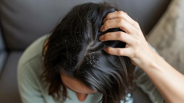 Top view of woman touching scalp with visible dandruff flakes falling from hair