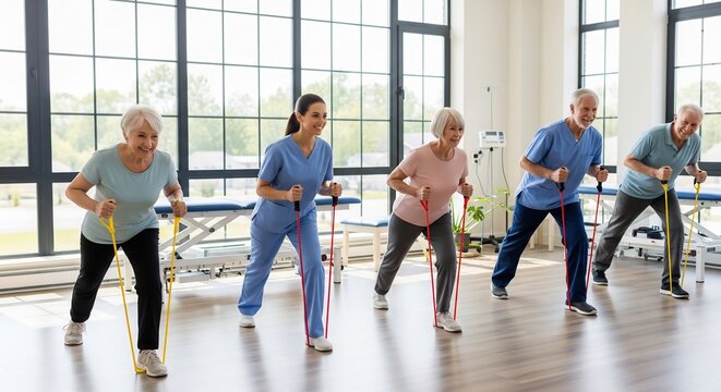 Diverse group of seniors participating in a physiotherapy or fitness class, exercising with resistance bands for mobility and strength.