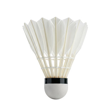 A close-up view of a white badminton shuttlecock with black feathers isolated on transparent background