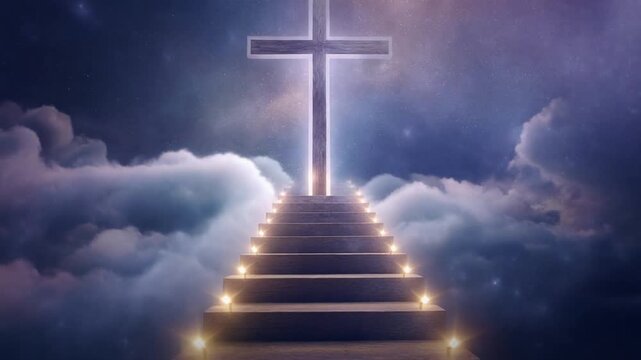 Christian cross on clouds. Stairway towards the cross and sky. Stairway to Heaven.