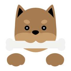 Fototapeta premium 骨を咥えた犬の顔と前足のかわいいイラスト