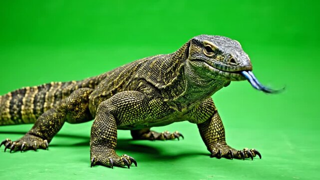 A monitor lizard with its blue forked tongue extended, walking against a vibrant green background.