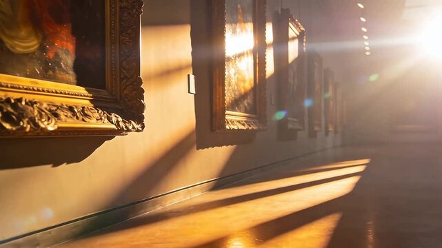 Art gallery corridor with framed antique paintings and warm light