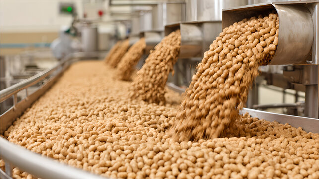 Close up of pet food kibble flowing on a factory production line 