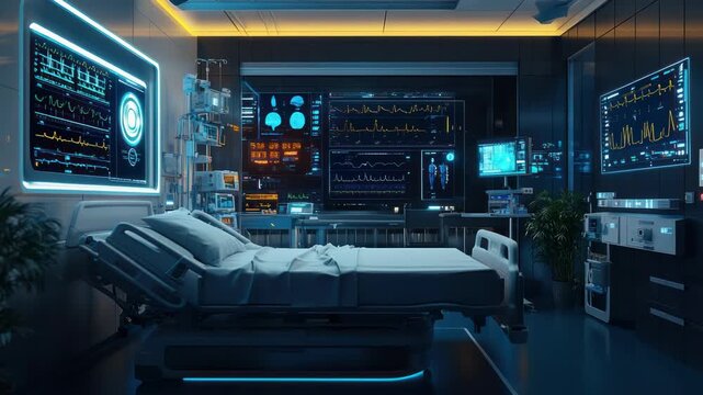 A futuristic hospital room featuring a patient bed surrounded by medical monitors displaying vital signs