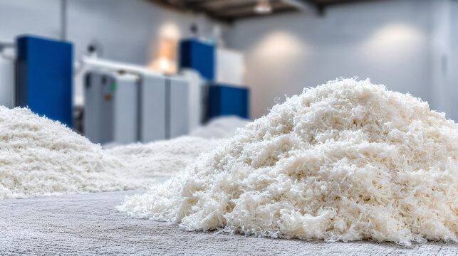 Large Pile Of Raw Shredded White Paper Fibers In Industrial Warehouse

