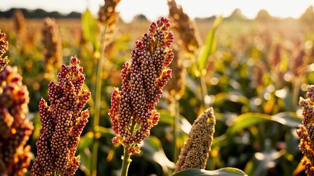 Golden Sorghum Field at Sunset, Ripe Grains Ready for Harvest, Agricultural Landscape