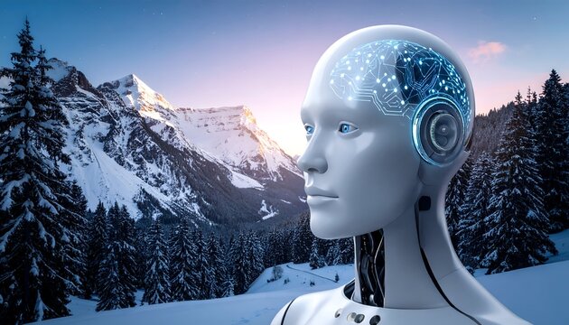 A futuristic, female robot observes snowy mountains at sunrise