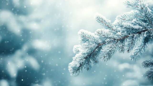 A close-up shot of a snow-covered pine branch set against a blurred snowy background