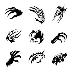 Obraz premium Set of 10 black tribal claw and flame tattoo icons isolated on Transparent Background