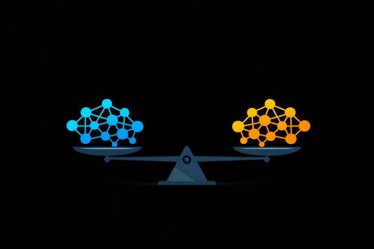 Balance scale comparing two abstract neural network structures on black background