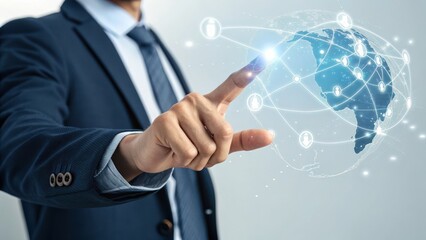 Obraz premium leadership development nonprofits volunteer concept. Businessman in suit touching a digital globe with network connections and icons.