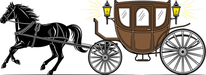 Vintage horse-drawn carriage with black stallion, antique royal coach with glowing lanterns, historical transportation vector illustration for fairy tale themes. © Shopna