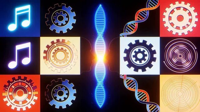 Colorful matrix grid with icons and silhouette faces forming technology background