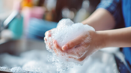 Fototapeta premium Woman Hands Holding Soap Foam Over White Kitchen Sink Basin 
