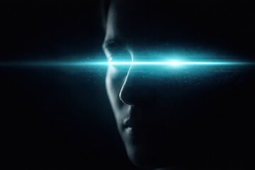 Obraz premium Close-up profile of a person with a bright blue light beam across their eyes