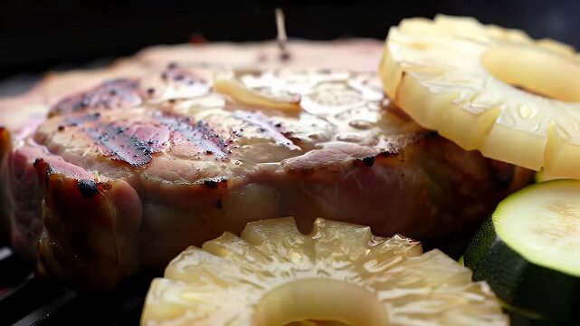Grilled pork chop with pineapple rings and zucchini on grill grate