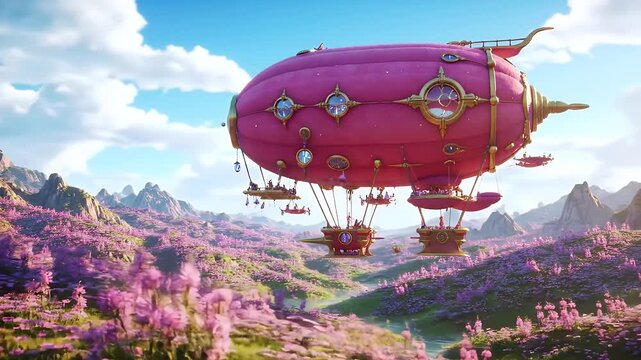 Fantasy airship soaring over scenic landscape with mountains and colorful flora