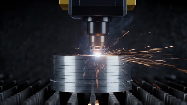 Metalworking Machine Cutting Silver Cylinder with Sparks and Smoke in Dark Industrial Setting Manufacturing Process