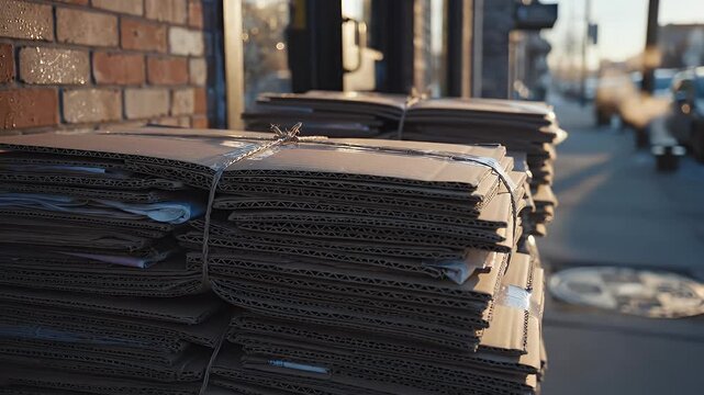 A stack of cardboard boxes, tied with string, outside a building with a brick wall