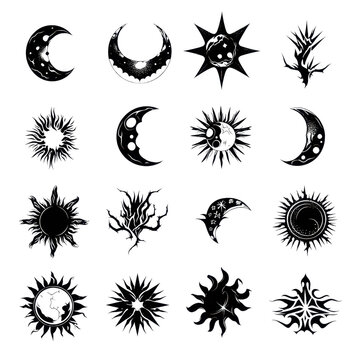 Illustrations of celestial symbols featuring moons and suns on transparent background