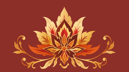 Elegant symmetrical floral ornament in warm tones on a deep red background