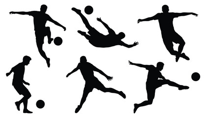 Soccer shoot silhouettes set, football players kicking and striking the ball in action poses, goal scoring scenes, sport competition symbols, dynamic athlete shapes, clean black vector illustration. © MOSAKAYRUNNAHAR