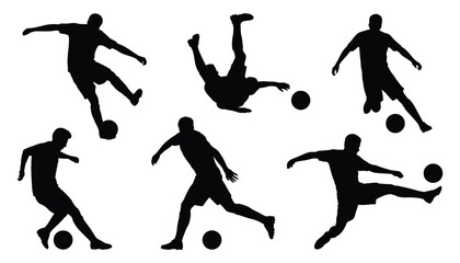 Obraz premium Soccer shooting silhouettes collection, players performing kick and shot movements, match and training action graphics, football sport activity icons, minimal shadow style, professional vector design.