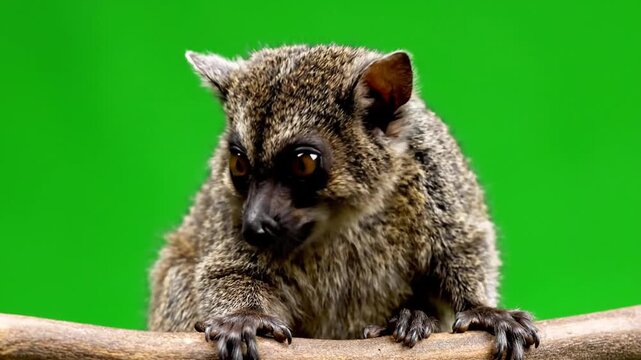 A close-up shot of a brown lemur with large eyes sitting on a wooden branch against a vibrant green screen background.