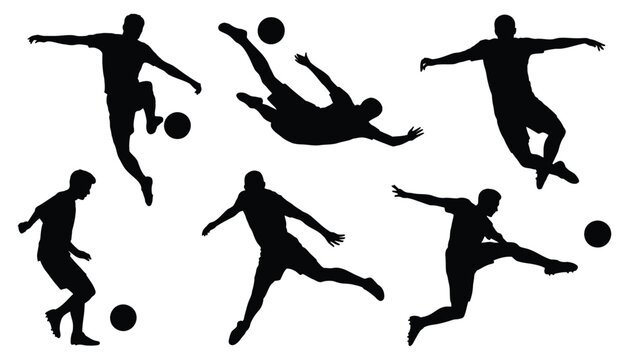 Soccer shoot silhouettes set, football players kicking and striking the ball in action poses, goal scoring scenes, sport competition symbols, dynamic athlete shapes, clean black vector illustration.