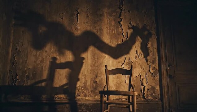 Shadow of a figure dancing with a chair on a textured wall  