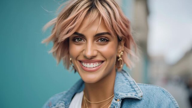 A confident young woman stands in a lively urban environment, her pink bob cut catching the light